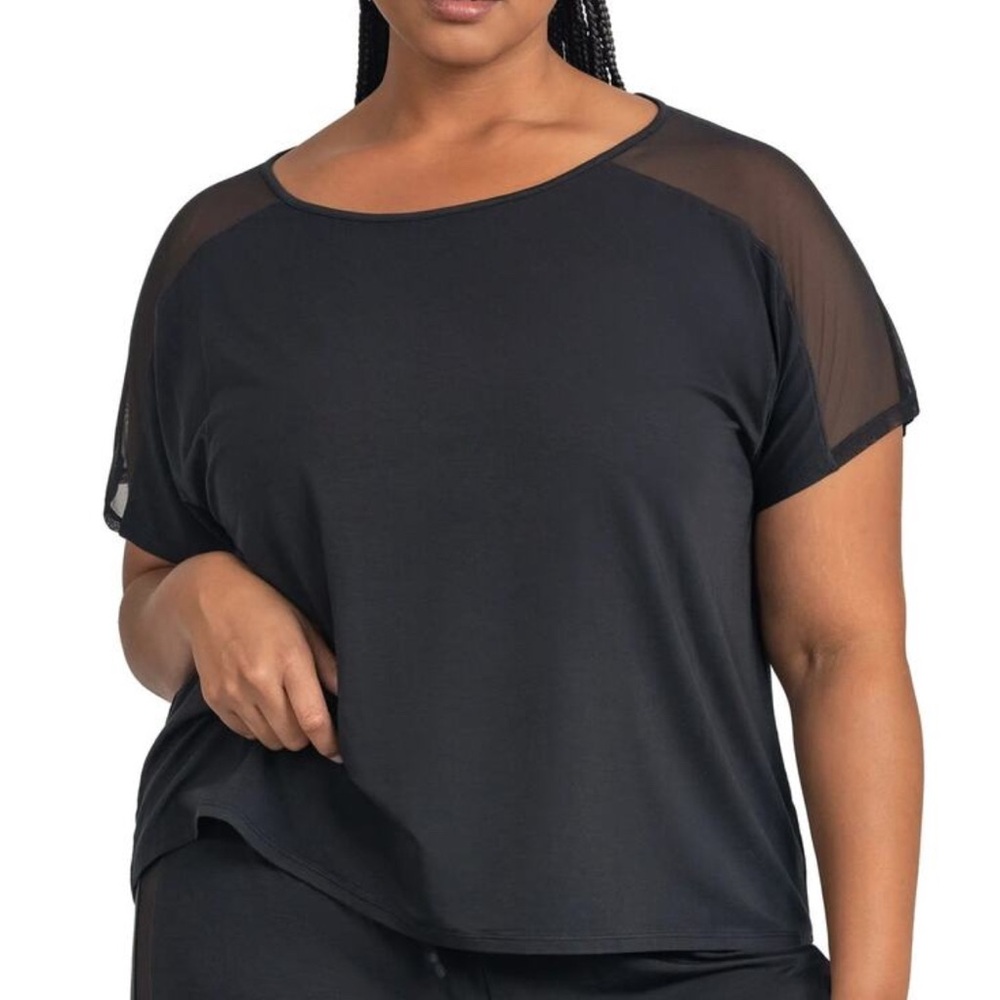 Honeylove BlissWear Short Sleeve Top Black Mesh Panels Tencel Sleep Lounge